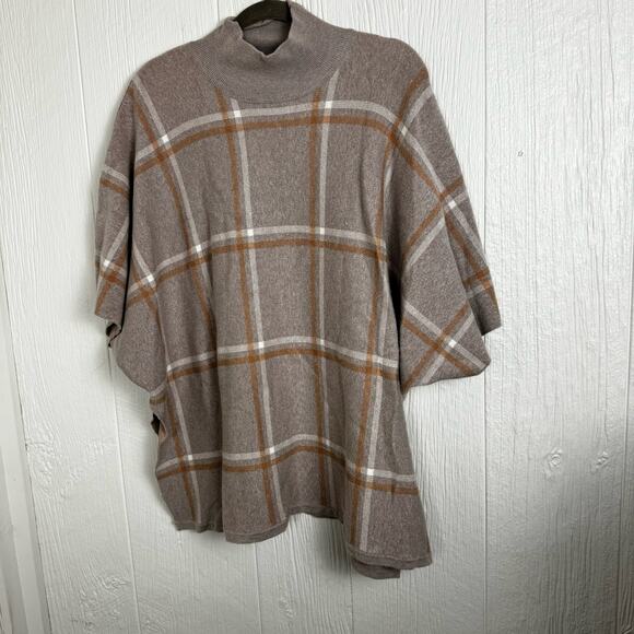 Max Studio Womens Poncho Cape Mock Neck Window Pane Plaid One Size Knit Pullover - Picture 8 of 8